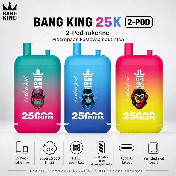 Bang King 25K 2-Pod – 25000 hittiä ja vaihdettavat podit Bang King 25K 2-Pod vape, 25000 hittiä, 650 mAh akku, 1,1 ohmin mesh-kela ja Type-C-lataus