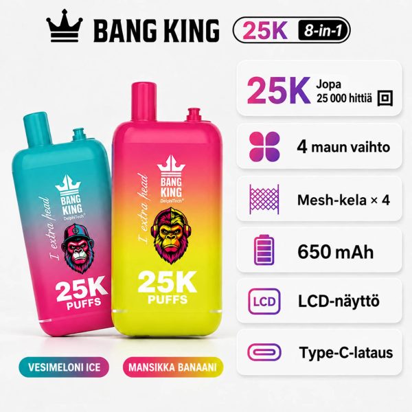 Bang King 25K 8-in-1 – 4 makua ja 4 mesh-kelaa Bang King 25K 8-in-1 vape, jopa 25000 hittiä, 4 maun vaihto, 4 mesh-kelaa, 650 mAh akku ja LCD-näyttö