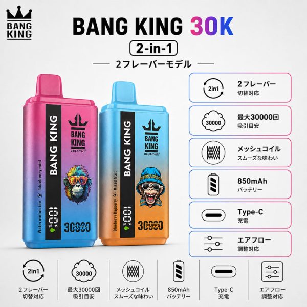 Bang King 30K 2-in-1 – 30000 hittiä ja kaksi makua Bang King 30K 2-in-1 vape, jopa 30000 hittiä, kaksi makua, mesh-kela, 850 mAh akku, Type-C-lataus ja säädettävä ilmavirtaus