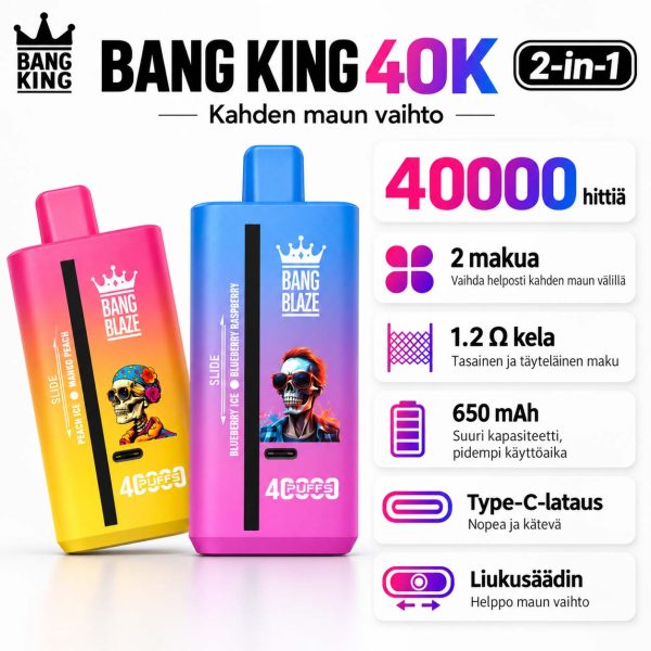 Bang King 40K 2-in-1 vape, 40000 hittiä, kahden maun vaihto, 1.2 Ω kela, 650 mAh akku, Type-C-lataus ja liukusäädin