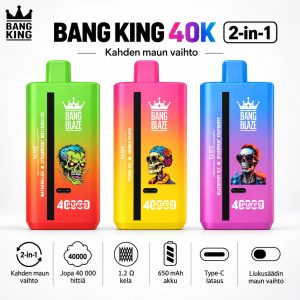 Bang King 40K 2-in-1 vape, jopa 40000 hittiä, kaksi makua, 1.2 Ω kela, 650 mAh akku, Type-C-lataus ja liukusäädin maun vaihtoon