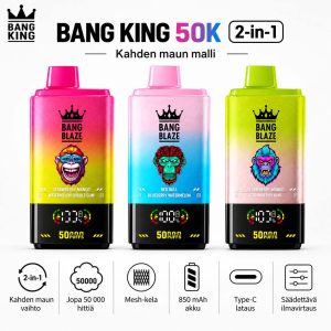 Bang King 50K 2-in-1 vape, jopa 50000 hittiä, kahden maun vaihto, mesh-kela, 850 mAh akku, Type-C-lataus ja säädettävä ilmavirtaus
