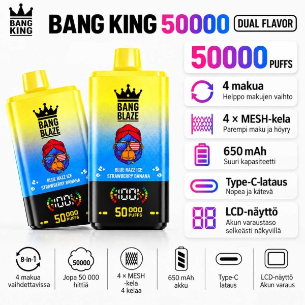 Bang King 50000 Dual Flavor – 4 makua ja LCD-näyttö Bang King 50000 Dual Flavor vape, jopa 50000 hittiä, 4 vaihdettavaa makua, 4 mesh-kelaa, 650 mAh akku, Type-C-lataus ja LCD-näyttö