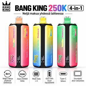 Bang King 250K 4-in-1 vape, jopa 250000 hittiä, neljä makua, 4 mesh-kelaa, 650 mAh akku, Type-C-lataus ja sivunäyttö