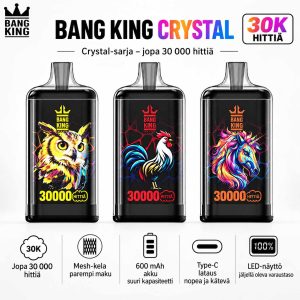 Bang King Crystal 30K vape, jopa 30000 hittiä, mesh-kela, 600 mAh akku, Type-C-lataus ja LED-näyttö