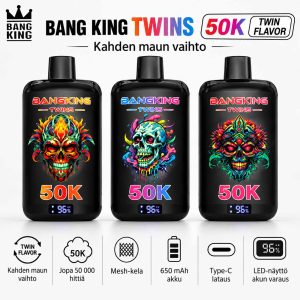 Bang King Twins 50K Twin Flavor – jopa 50000 hittiä Bang King Twins 50K Twin Flavor vape, jopa 50000 hittiä, kahden maun vaihto, mesh-kela, 650 mAh akku, Type-C-lataus ja LED-näyttö