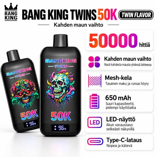 Bang King Twins 50K – kahden maun vaihto Bang King Twins 50K vape, kahden maun vaihto, jopa 50000 hittiä, mesh-kela, 650 mAh akku, LED-näyttö ja Type-C-lataus
