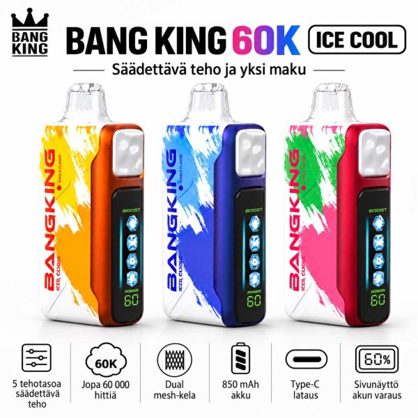 Bang King 60K Ice Cool vape, jopa 60000 hittiä, 5 säädettävää tehotasoa, Dual Mesh -kela, 850 mAh akku, Type-C-lataus ja sivunäyttö