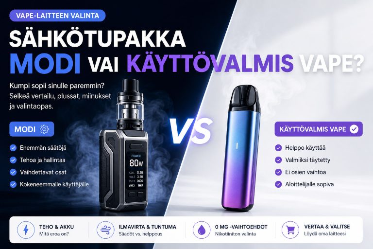 Sähkötupakka modi ja käyttövalmis vape vertailussa, mukana erot säädöissä, akussa, ilmavirrassa ja helppokäyttöisyydessä.