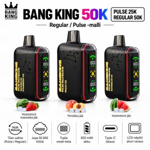 Bang King 50K vape, Regular- ja Pulse-tila, jopa 50000 hittiä, Dual Mesh -kela, 650 mAh akku, Type-C-lataus ja LCD-näyttö