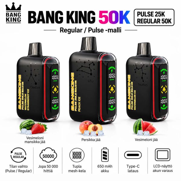 Bang King 50K vape, Regular- ja Pulse-tila, jopa 50000 hittiä, Dual Mesh -kela, 650 mAh akku, Type-C-lataus ja LCD-näyttö