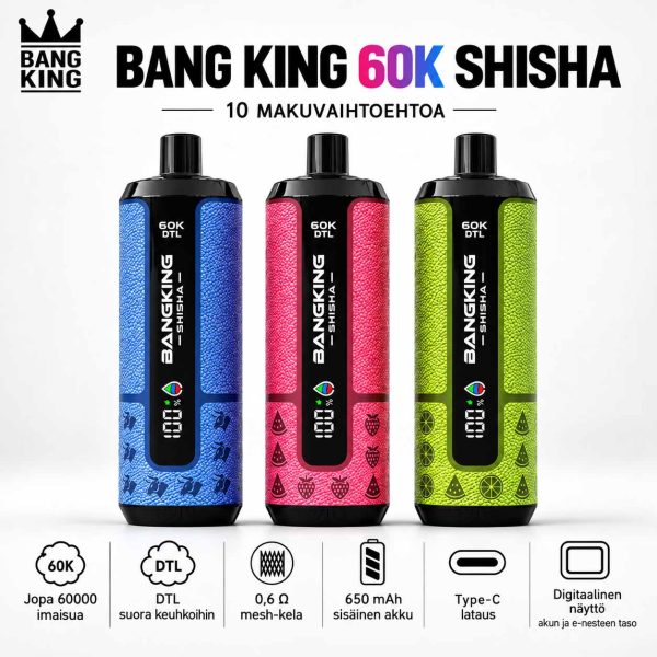 Bang King 60K SHISHA vape, jopa 60000 imaisua, DTL, 0,6 Ω mesh-kela, 650 mAh akku, Type-C-lataus ja digitaalinen näyttö