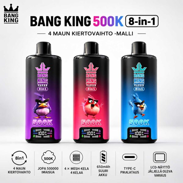 Bang King 500K 8-in-1 vape, jopa 500000 imaisua, 4 maun kiertovaihto, 4 mesh-kelaa, 650 mAh akku, Type-C-lataus ja LCD-näyttö