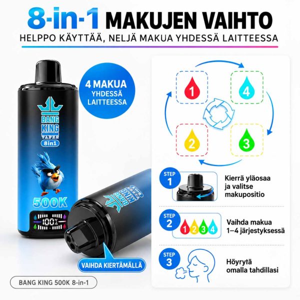 Bang King 500K 8-in-1 (500000 puff / laite) – 4 makua + 4× mesh | 10 kpl/pakkaus